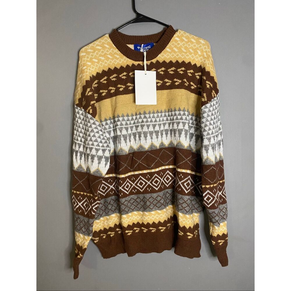 Aelfric Eden Sweater Mens Extra Large Bown Yellow Geometric Grandpa Dad NWT